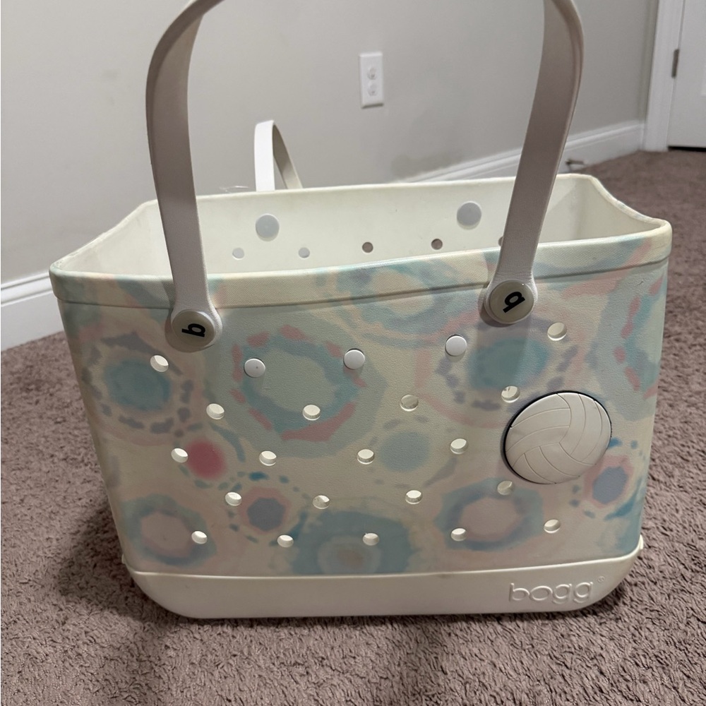 Colorful Bogg Bag with Handles and volleyball charm.